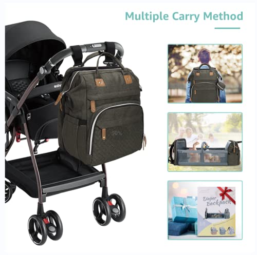DERJUNSTAR Baby Diaper Bag Backpack with ChangingStation-Large Capacity Baby Bag for Boys & Girls, USBCharging Port, Pacifier Case, sunshade & Toy Bar,Waterproof, Forest