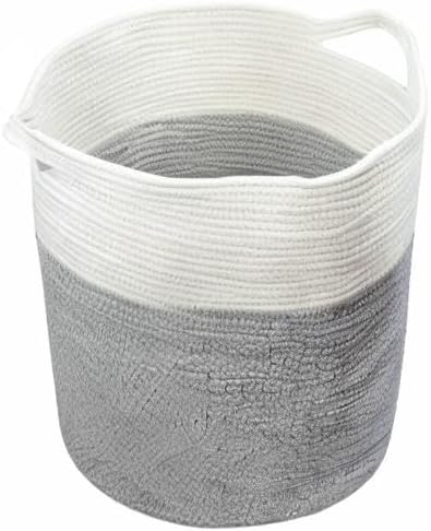 COMFY-HOMI XXL Large Laundry Basket with Handles Blanket Baskets Living Room|Woven Cotton Rope Decorative Basket Laundry Hamper Baby Basket Nursery Dog Toy Storage Organizer Bin-16”x18”-White Grey
