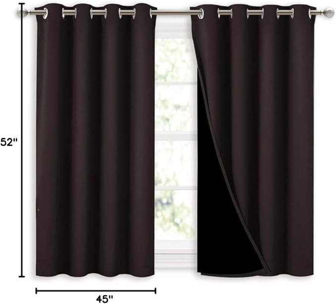 NICETOWN 100% Blackout Curtains 45 inches Length, 2 Thick Layers Completely Blackout Window Treatment Thermal Insulated Lined Drapes for Basement Window (Brown, 1 Pair, 52 inches Width Each Panel)