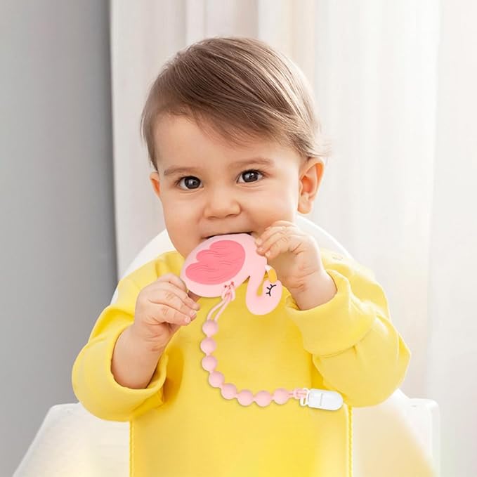 Baby Food Grade Silicone Teether Toy with Pacifier Clip Holder,Teething Toys Gift Set for 3 Months+ Boys and Girls,Freezer Safe,BPA Free. (Pink Flamingo)