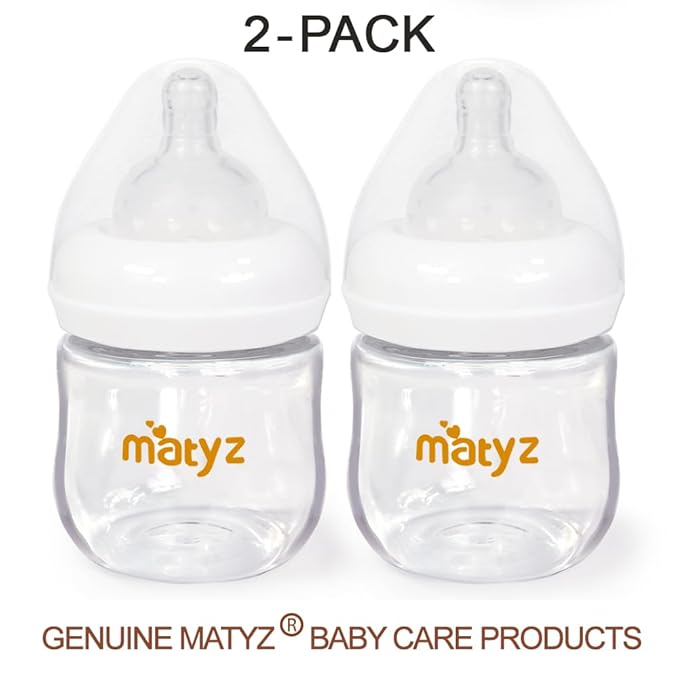 Matyz 2-Pack Glass Baby Breastfeeding Bottles With Caps (White, 4Oz) - Wide Neck New Born Bottles For Baby Breastfeeding - Breastfeeding Bottles For Newborn Babies - 4 Oz Glass Baby Bottles 0-3 Months