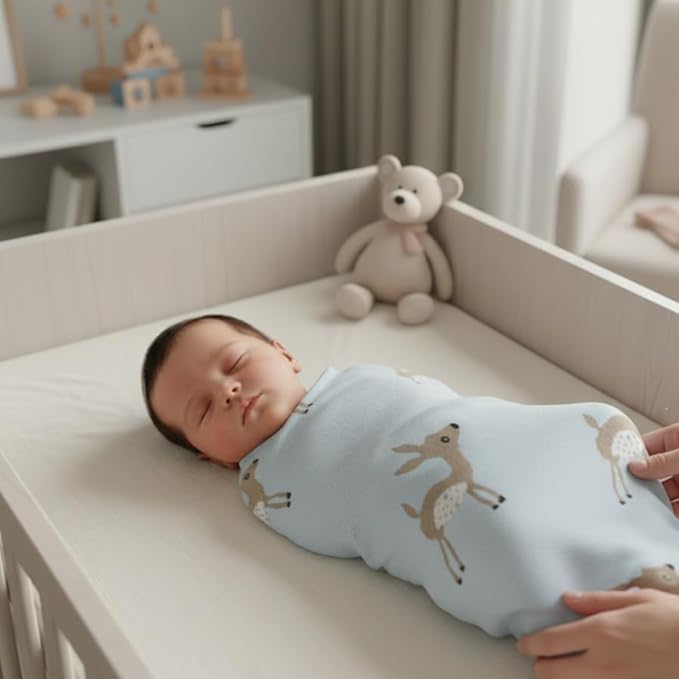 Knit Baby Swaddle Blanket - 100% Cotton Soft Cozy Receiving Swaddle Stroller Blanket for Shower Gift Registry for Newborns, Infants, Toddlers (Deer - Blue)