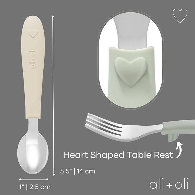 Ali+Oli Toddler Utensils Set (6 Pack) – Stainless Steel Kids Silverware with Soft Silicone Handles, BPA Free Baby Forks and Spoons, Durable Children Flatware Dishwasher Safe for Self Feeding (Hearts)