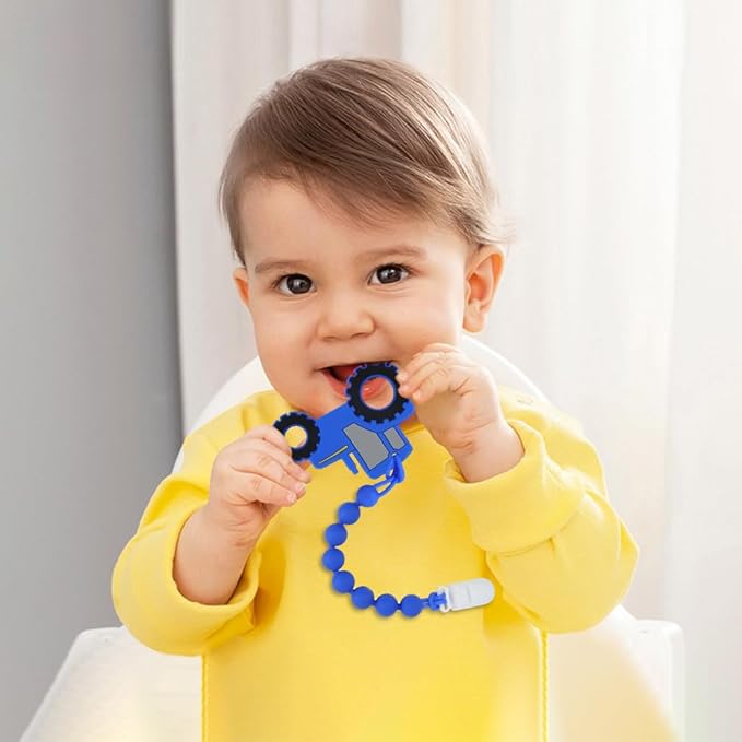 Baby Food Grade Silicone Tractor Truck Teether Toy with Pacifier Clip Holder,Teething Toys Gift Set for 3 Months+ Boys and Girls,Freezer Safe,BPA Free. (Blue)