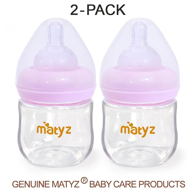 Matyz 2-Pack Glass Baby Breastfeeding Bottles with Caps (Pink, 4Oz) - Wide Neck New Born Bottles for Baby Breastfeeding - Breastfeeding Bottles for 0-3 Months Babies - Glass Baby Bottles with Nipples