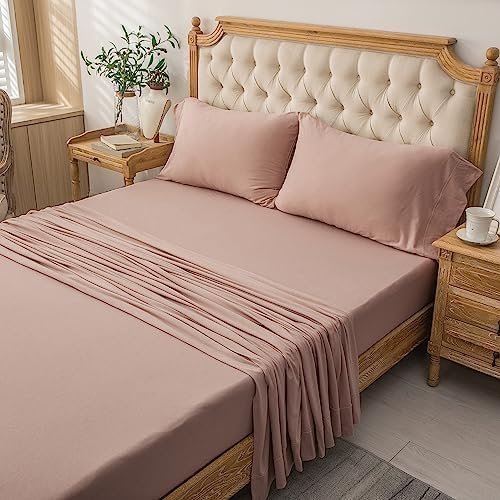 PURE ERA Jersey Knit 3pcs Bed Sheet Set 100% T-Shirt Cotton Super Soft Comfy Breathable Fits Mattress Up to 20" Extra Deep Pocket (Solid Petal Pink, Twin XL)