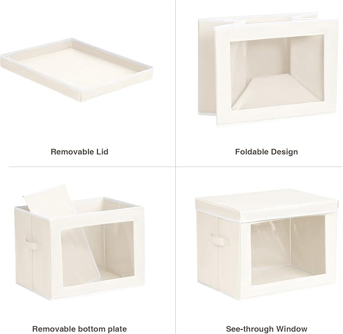 Storage Bins with Lids - Medium Storage Box with Lids, Foldable Closet Boxes for Organizing, Stackable Clothes Organizer with Window, Cubes Bins for Living Room, 5 Pack, Beige