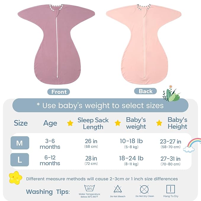 ZIGJOY Shark-Fin Transitional Swaddle for Newborn - 0.5 Tog Rayon Made from Bamboo Transition Swaddle Sleep Sack 6-12 Months Baby Arms Up Swaddle Blanket with 2-Way Zipper, Pink&Purple