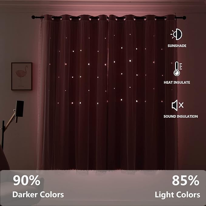Pink Blackout Curtains for Girls Bedroom Living Room 72 Inch Length Star Cut Out Double Layer Curtains for Nursery Girl Room Window Decor (W52 X L72 Inches,1 Panel,Pink)