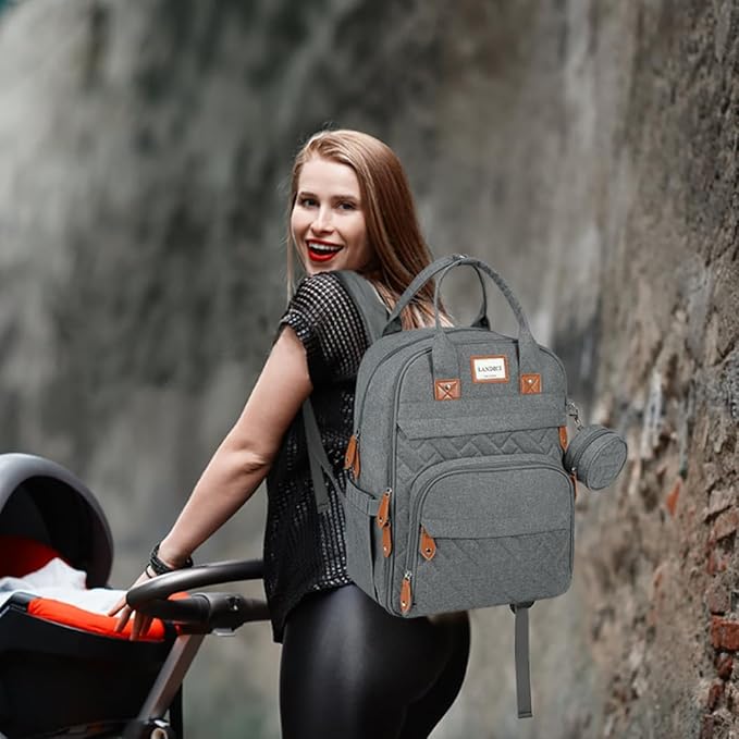 LANDICI Diaper Bag Backpack, Multifunction Baby Diaper Bags with Changing Pad, Stroller Straps & Pacifier Case, Travel Essentials Back Pack for Mom Dad Boy Girl, Large Capacity, Waterproof, Grey