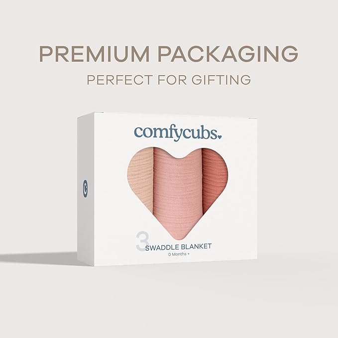 Comfy Cubs Muslin Swaddle Blankets Pack of 3, 42 x 42 Inch Soft 100% Cotton Baby Blanket Set, Large Wraps for Newborns - Self-Soothing Swaddles for Newborns - Blush, Bold Blush, Dusty Rose