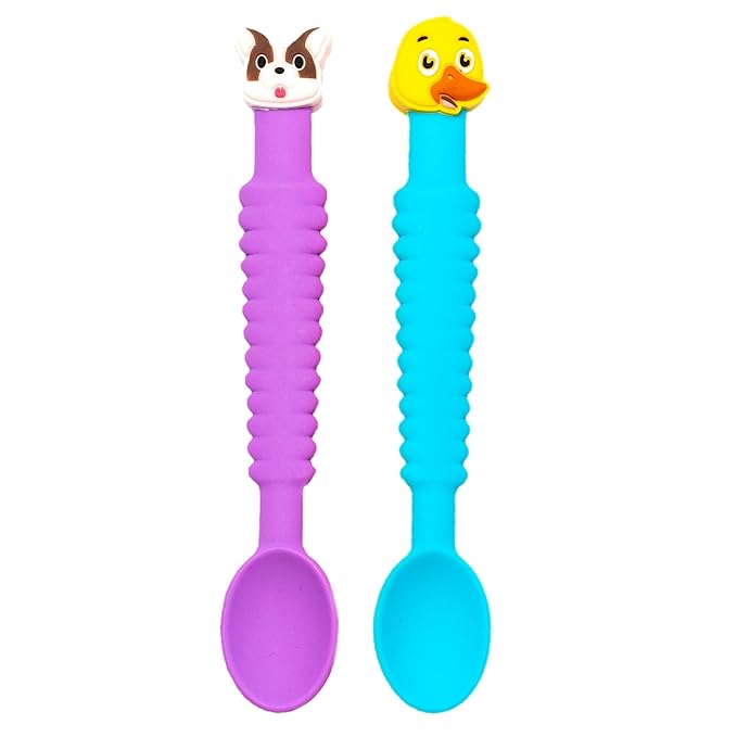 Little Grubbers 3-in-1 Silicone Baby Spoon Self Feeding 6+ Months - Pediatric OT Designed Teether Spoon, BPA Free Toddler Utensils, Mess-Free, Fun for Baby Led Weaning Supplies, Dog & Duck