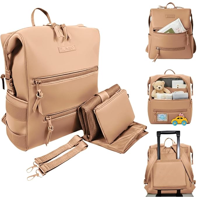 BUNSO Neoprene Diaper Bag, Minimalist Backpack Diaper Bag with Pouch, Changing Pad, and Stroller Straps, Water Resistant and Lightweight Baby Diaper Bag Backpack, Womens and Mens Diaper Bag, Khaki