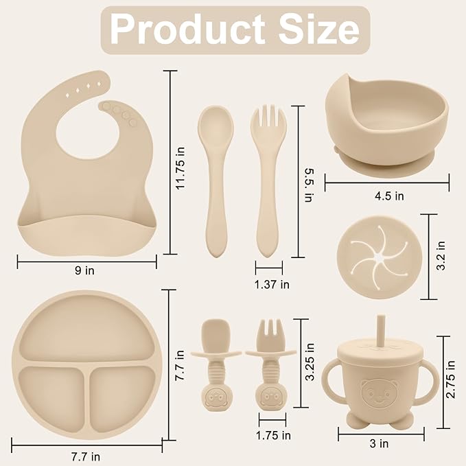 Munlinder Silicone Baby Feeding Set | Baby Led Weaning Supplies Includes Suction Bowls and Divided Plates, Adjustable Bib, Baby Utensils Spoons and Forks,Cup | Baby Feeding Essentials (Beige)