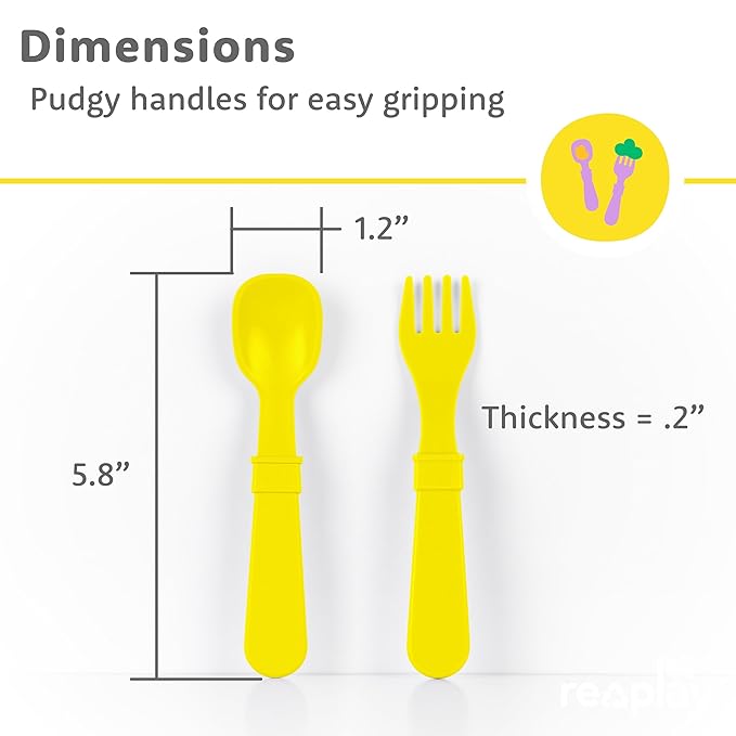 Re-Play Toddler Forks and Spoons Set - 4x4 Utensils Set for Kids - Dishwasher and Microwave Safe - Made in USA - Set of 8-5.8" x 1.2" x 0.2" - Aqua Asst