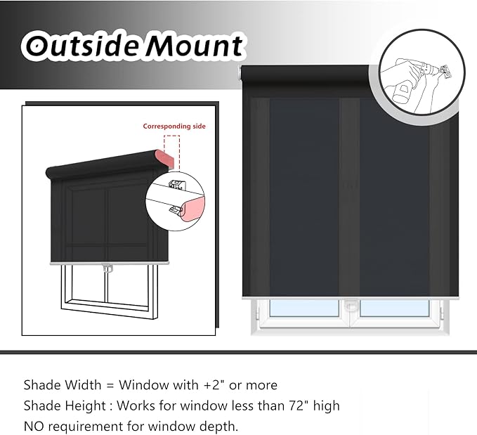 AOSKY Cordless Roller Shades for Windows Light Filtering Shades with 5% Openness Solar Screen Semi Sheer Roller Blinds UV Protection for Office and Home. Easy to Install 27" W x 72" H (Black)
