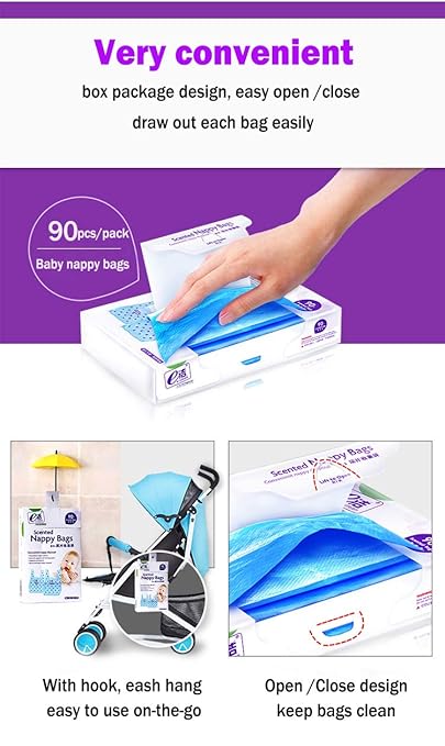 Dergik Disposable Diaper Bag for Baby, Diaper Sacks Cover the Incontinence Odor Really, Fresh Light Baby Powder Faint Scent, 540 Counts 180 Bags, Blue
