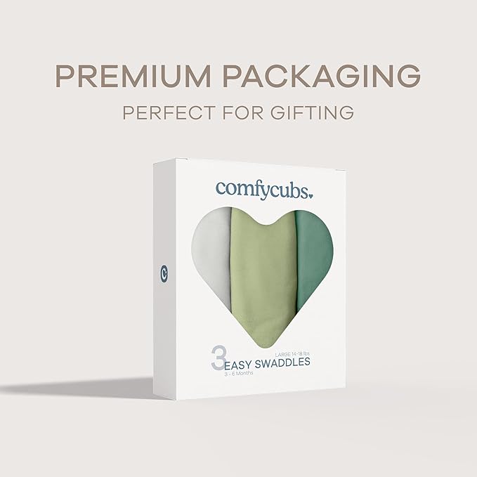 Comfy Cubs Easy Swaddle Blanket, 3 Pack - 100% Cotton Newborn Wrap, Large for 3-6 Months Infants, with Adjustable Velcro, Breathable and Durable Sleep Sack for Babies - Stone, Sage, Azul