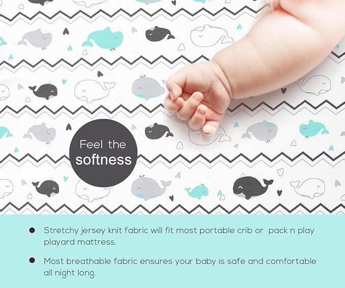 Pack n Play Sheets, BROLEX 2 Pack Mini Crib Sheets,Stretchy Portable Fitted Playard Sheet Set, Convertible Playard Mattress Cover,Ultra Soft Breathable Material,Elephant Whale
