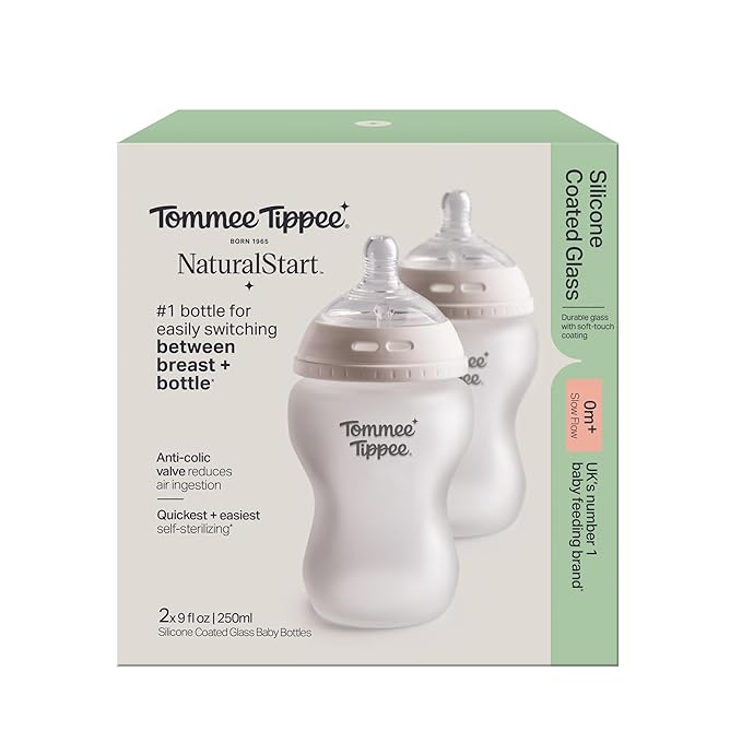 Tommee Tippee Silicone Coated Glass Natural Start Baby Bottles for Feeding from Newborn Up, 9oz, 2 Pack