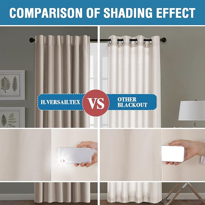 H.VERSAILTEX 100% Blackout Curtains for Bedroom with Black Liner Full Room Darkening Curtains Thermal Insulated Back Tab/Rod Pocket Window Drapes for Living Room, 2 Panels, 42 x 84 Inch, Natural