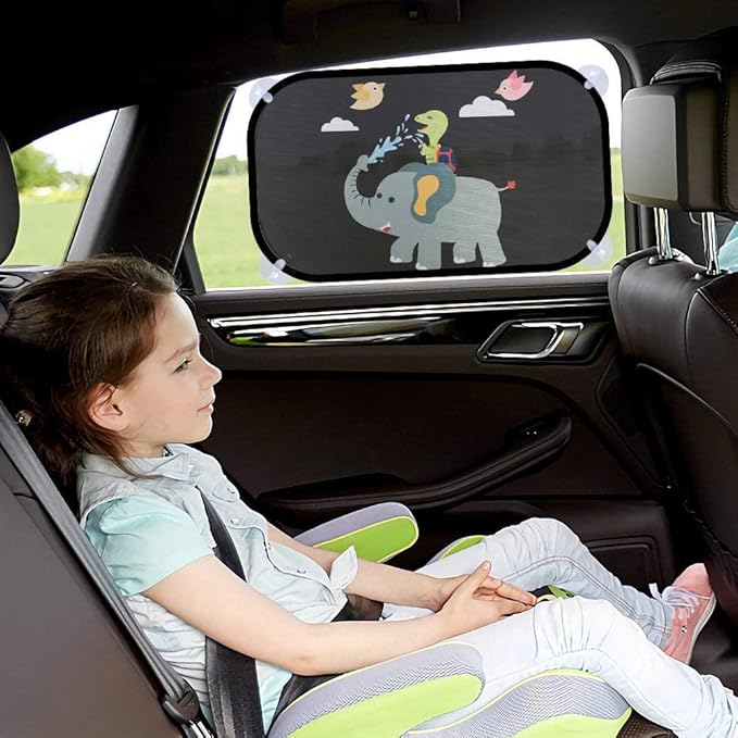 MOVINPE Car Sun Shade for Baby Kids 2 Pack Static Cling Side Window Car 80GSM Rear Sunshades Universal with 8 Suction Cups and Storage Bag - Sun Glare and UV Rays Protection (Elephant & Turtle)