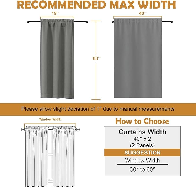 Aiyufeng Light Grey Blackout Curtains for Bedroom 63 Inch Length 2 Panels, Solid Thermal Insulated Energy Saving Rod Pocket Window Treatment Curtains Blackout Drapes, W40 x L63 Inch, Light Grey