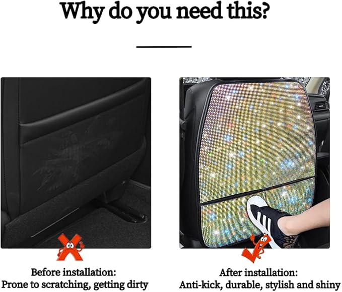 Diamond Bling Car Seat Kick Protectors with Storage – Sparkly Rhinestone Kick Mats, Universal Back Seat Cover for SUV, Crystal Auto Accessories for Stylish Moms Color 2pcs