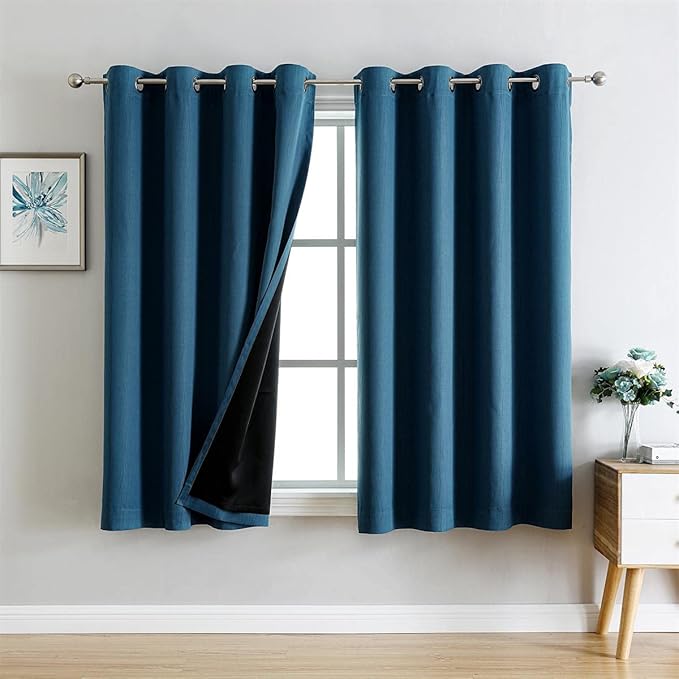 G2000 100% Blackout Curtains for Bedroom Living Room 63 Inch Length Peacock Blue Room Darkening Window Grommet Thermal Lined Insulated Light Blocking Noise Reducing 2 Panels