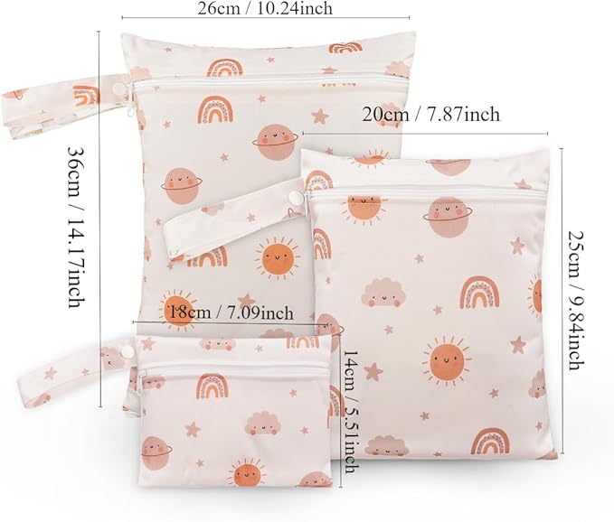 Happy Flute 3 Set Wet Bag Storage Bag Zipper Waterproof Washable Travel Bags, Beach, Pool, Gym Bag for Cloth Diaper, Swimsuits & Wet Clothes(EF612)