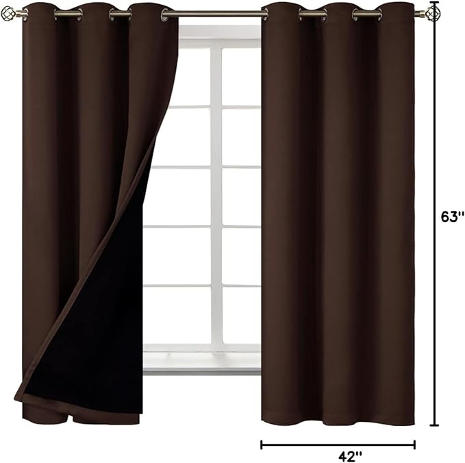 BGment Thermal Insulated 100% Blackout Curtains for Bedroom with Black Liner, Double Layer Full Room Darkening Noise Reducing Grommet Curtain (42 x 63 Inch, Brown, 2 Panels)