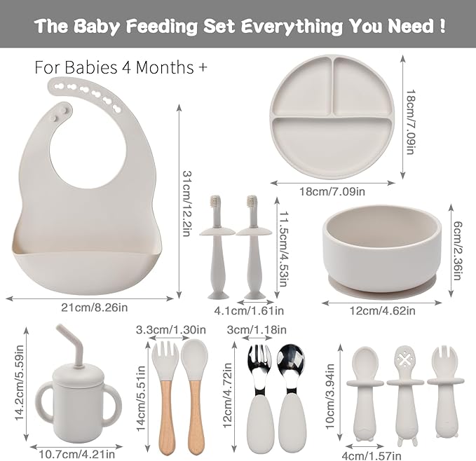 Silicone Baby Feeding Set,13PCS Baby Feeding Essentials with Suction Bowl and Plate,Spoons & Forks,Bib & Cup,Baby Toothbrush,Baby Led Weaning Supplies for 6+ Months,Baby Eating Essentials-White