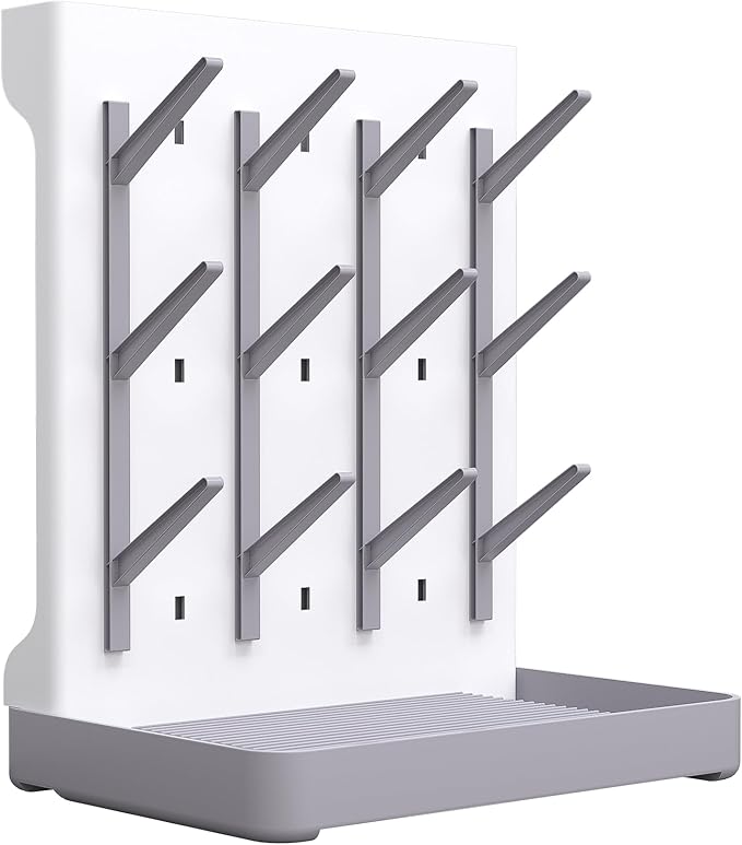 veyth Baby Bottle Drying Rack: Vertical Space Saving Standing Bottle Organizer for Countertop – Holds Glass Baby Bottles, Utensils, Pump Parts, Brushes & Pacifiers, Kitchen (Grey)