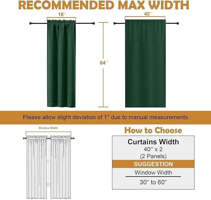 Aiyufeng Ever Green Blackout Curtains for Bedroom 84 Inch Length 2 Panels Set, Solid Thermal Insulated Privacy Living Room Window Treatment Curtains Blackout Drapes, W40 x L84 Inch, Ever Green