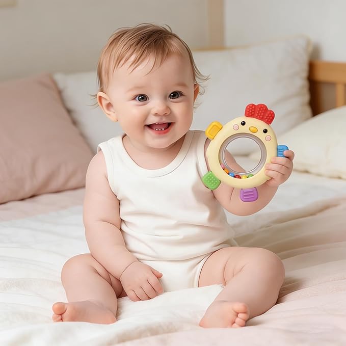 Sensory Toys for Babies, 2 Pack Baby Teething Rings Toys for 0-3 3 6-12 Months Baby Rattle Teether Silicone Teether Relief Chew Soothing,BPA Free,Sore Gums Babys Teethers Toys