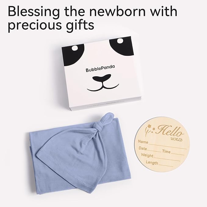 Rayon Made from Bamboo Newborn Swaddle Blanket Set with Matching Beanie, Super Soft Stretchy Baby Clothes Outfit for Girl Boy, Receiving Blankets Newborn Essentials, 47 x 47 Inch