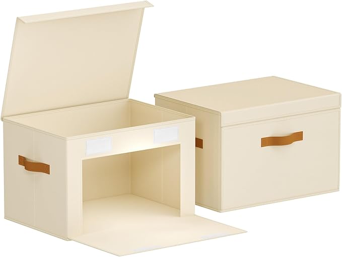 Large Storage Bins with Lids - Front Opening Fabric Storage Bins, Flap Closet Organizer with Handles, Collapsible Boxes with Lid, Decorative Basket for Home, Dorm, 2 Pack, Beige
