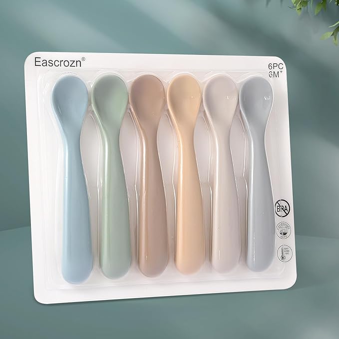 Eascrozn Baby Spoons, 6 Pack First Stage Silicone Feeding Spoons, Soft Tip Feeding Baby Utensils, Baby Led Weaning Supplies Training Spoons, Dishwasher and Boil Safe
