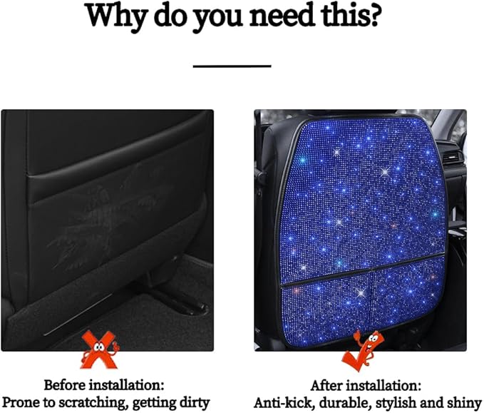 Sparkling Diamond Car Seat Kick Protectors with Storage, Crystal Kick Mats for Car Seats with Bling Rhinestones, Universal Fit Luxury Auto Accessories for Women Girls and Ladies Blue 2pcs