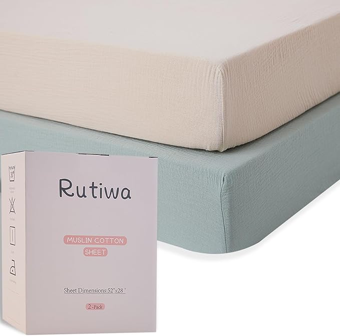 2 Pack Muslin Crib Sheets for Boys Girls Rutiwa Baby Sheets for Crib 100% Cotton Soft Breathable Sheets Neutral Fit Standard Crib & Toddler Bed Mattress 28"x52"(Harbor Gray/Beige)