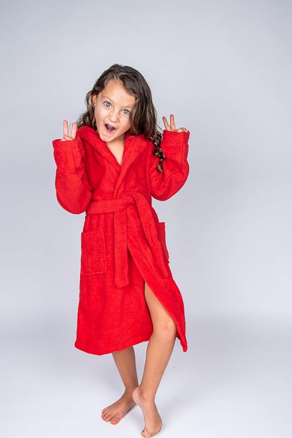 BAGNO MILANO Kids Organic Turkish Cotton Hooded Beach Cover-Up Towel, GOTS Certified, for Boys and Girls (Red, 3-5 Years)