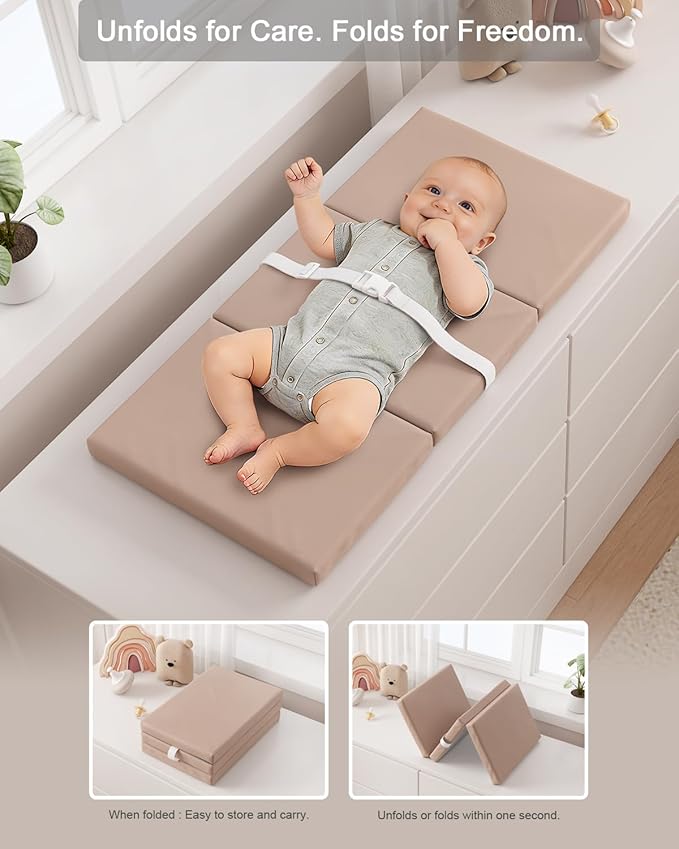 YACODAVO Foldable Baby Changing Pad with Vegan Leather Cover, Standard Side Waterproof & Wipeable Changing Pad for Toddler, Flat Foam Travel Diaper Changing Pad for Dresser and Table, Light Brown