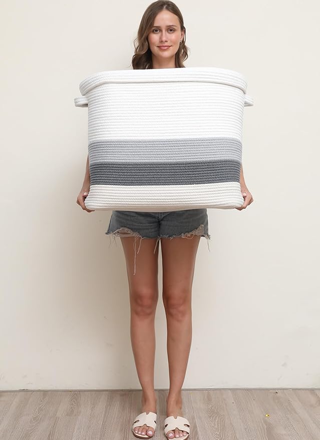 22"x14"x18" Rectangular Extra Large Storage Basket With Lid, Large Cotton Rope Storage Basket, Woven Laundry Hamper, Cloth Storage Bin, for Clothes Towels Blankets in Living Room, Double Graded Grey