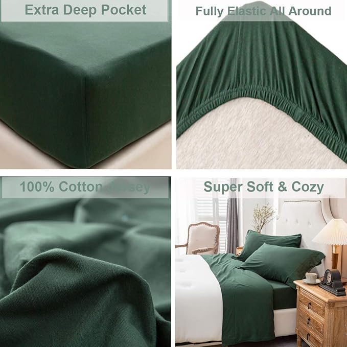 PURE ERA Jersey Knit 4pc Bed Sheet Set 100% T-Shirt Cotton Super Soft Comfy Breathable Fits Mattress Up to 20" Extra Deep Pocket (Solid Forest Green, King)