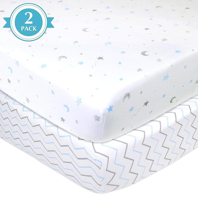 American Baby Company 2 Pack 100% Natural Cotton Fitted Mini Crib Sheets 38" x 24" - Soft & Breathable Small Nesting Portable Sheets, Fits Pack N Play Mattresses, Blue Star/Zigzag, for Boys & Girls