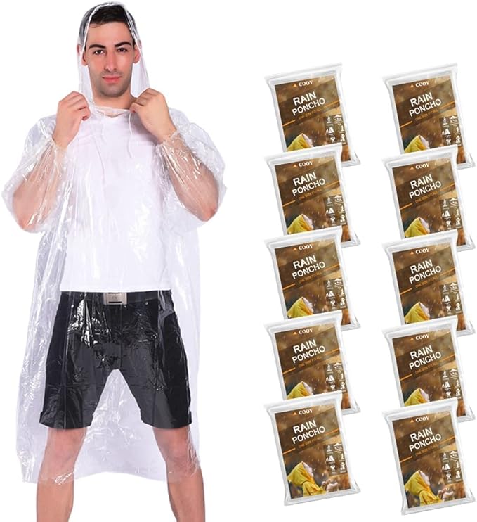 Rain Ponchos,with Drawstring Hood (10 Pack) Emergency Disposable Rain Ponchos Family Pack for Adults,Clear
