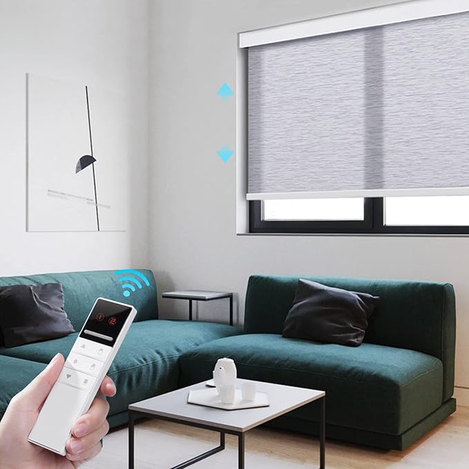 ZSTARR Motorized Smart Light Filtering Blind for Window with Remote Control, Automatic Blackout Roller Shade Customizable Size,with Valance Child Safety Rechargeable Battery Blinds(Jacquard Gray)
