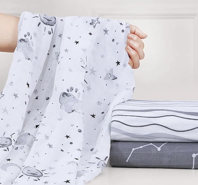 Little Grape Land Muslin Swaddle Blankets 47''x47'' 3 Pack, 100% Cotton Large Size Baby Swaddles for Newborn, Soft Breathable Baby Blankets for Newborns, Stars/Grey