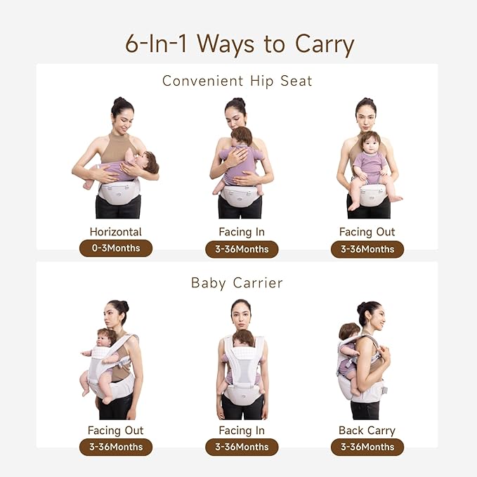 HBR Baby Carrier with Hip Seat, 2-in-1 Ergonomic Front Facing Toddler Carrier, Breathable Mesh, Air-Padded Shoulder Straps & Reflective Back Support, Fits Waists up to 47 Inches, Silve Mist White