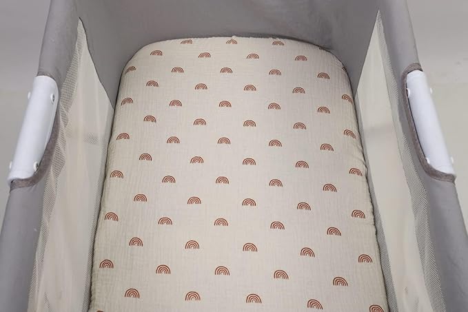 Onacosht Muslin Bassinet Sheets 35" X 20" Compatiable with AMKE 3 in 1 Bassinets, MiClassic, Uiuwoo, Foalom, YADAQE, Milliard and TCBunny Bassinet, 100% Cotton 2 Pack, Natural and Rainbow